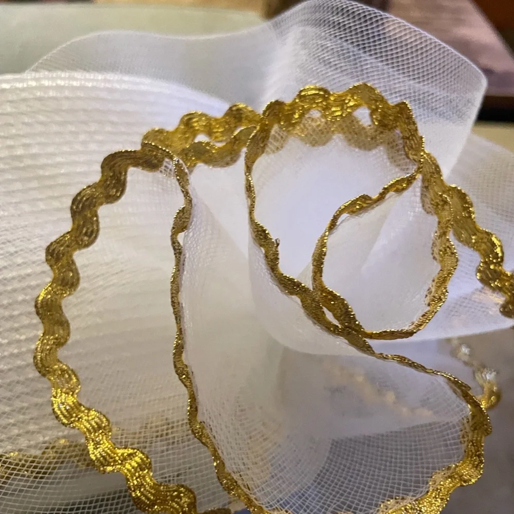 Hat Women's White Pillbox gold trim Large Mesh Bow church hat